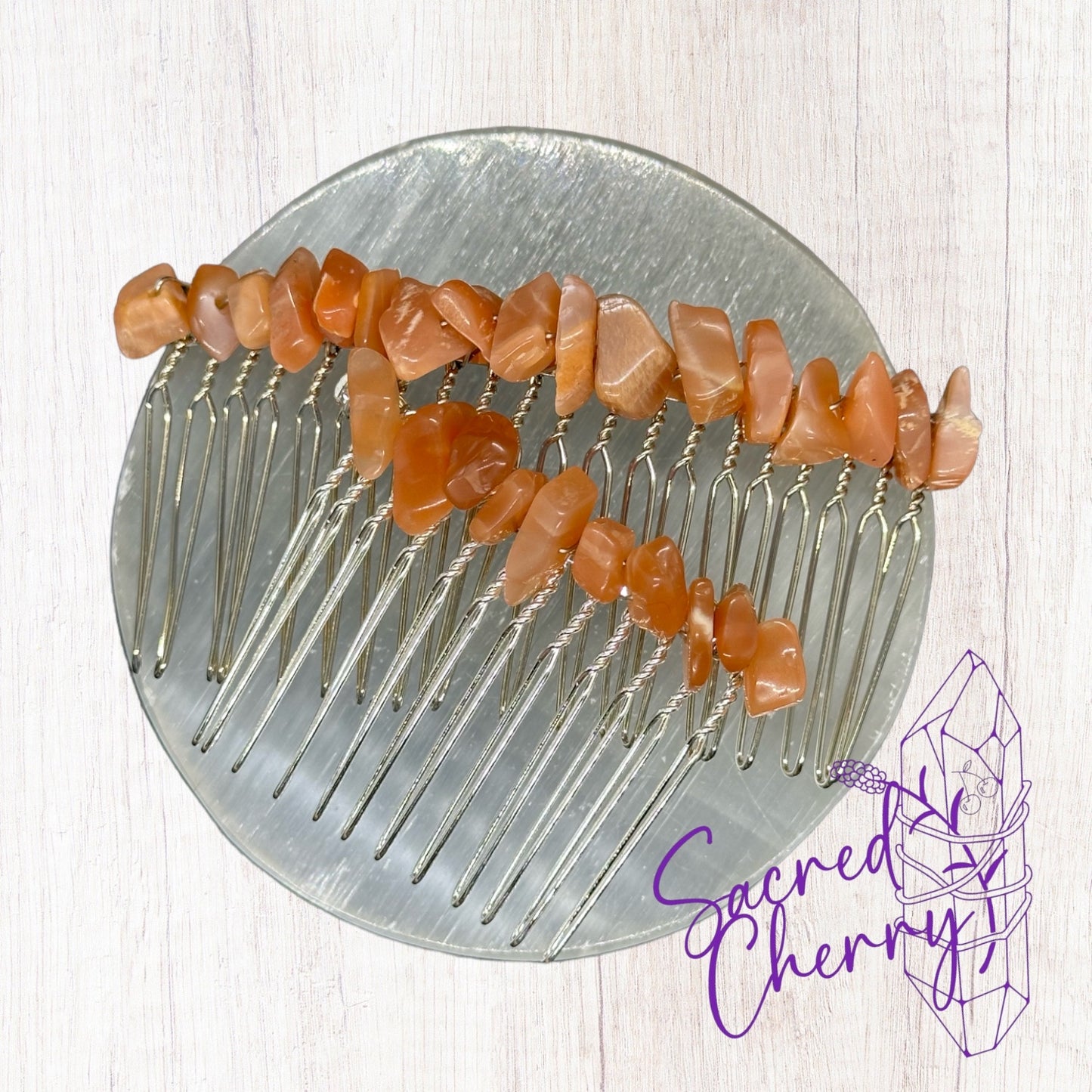 Peach Moonstone Crystal Chip Hair Comb