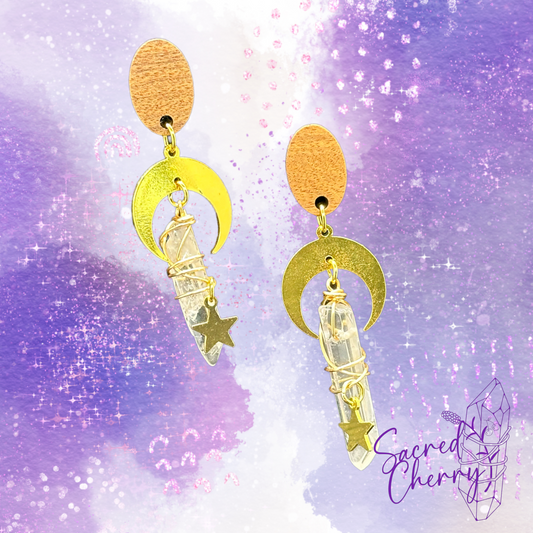 Angel Aura Quartz Crystal Moon & Star Earrings