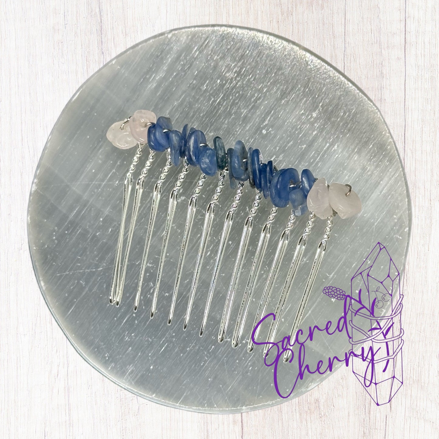 Blue Kyanite & Rose Quartz Crystal Chip Hair Comb