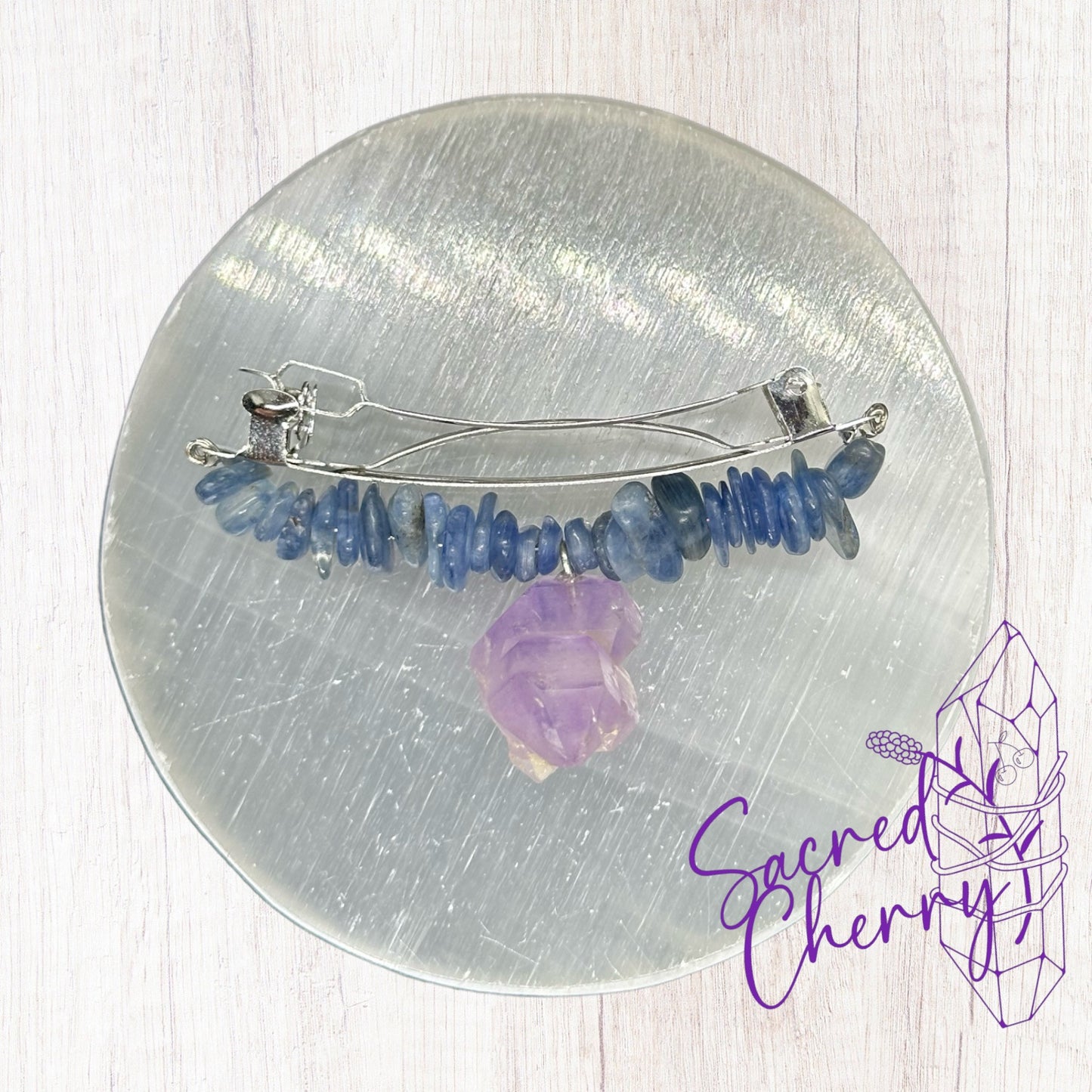 Blue Kyanite & Amethyst Crystal French Barrette Hair Clip