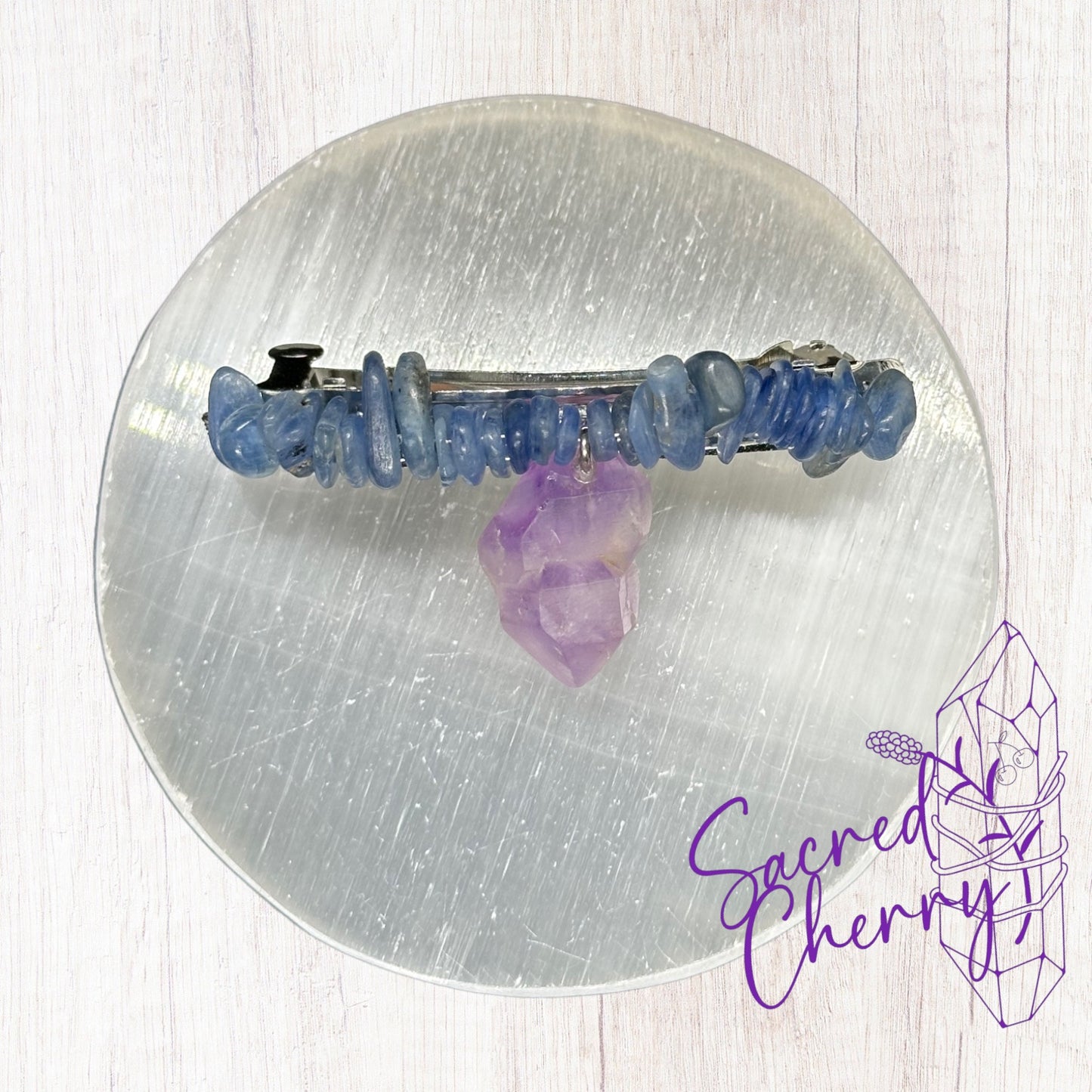 Blue Kyanite & Amethyst Crystal French Barrette Hair Clip