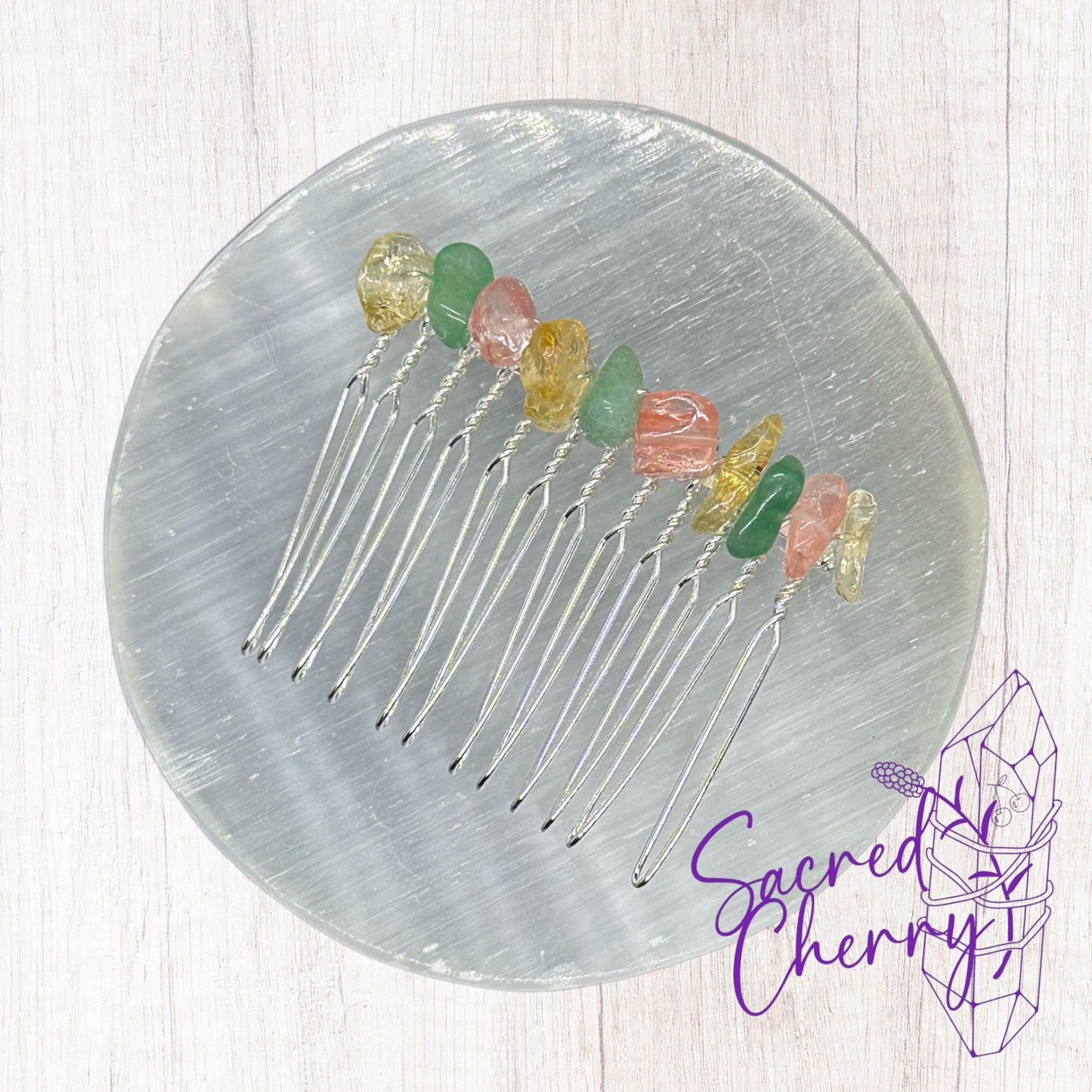 Cherry Quartz, Green Aventurine & Citrine Crystal Chip Hair Comb