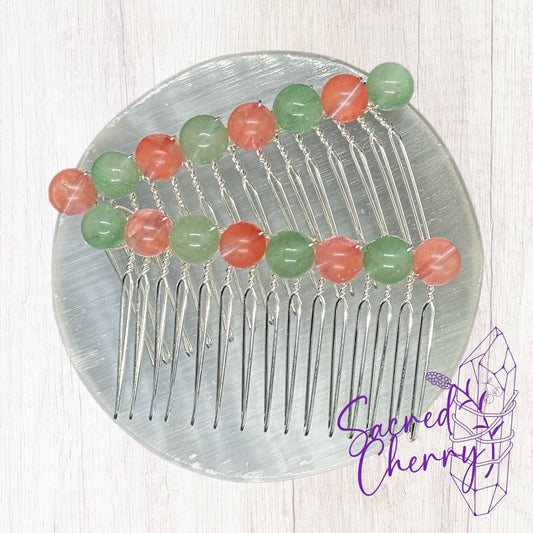 Cherry Quartz & Green Aventurine Crystal Bead Hair Comb