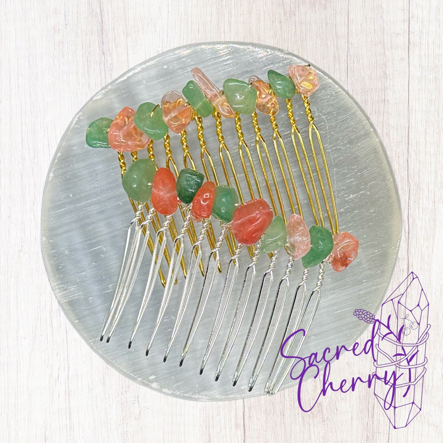 Cherry Quartz & Green Aventurine Crystal Chip Hair Comb