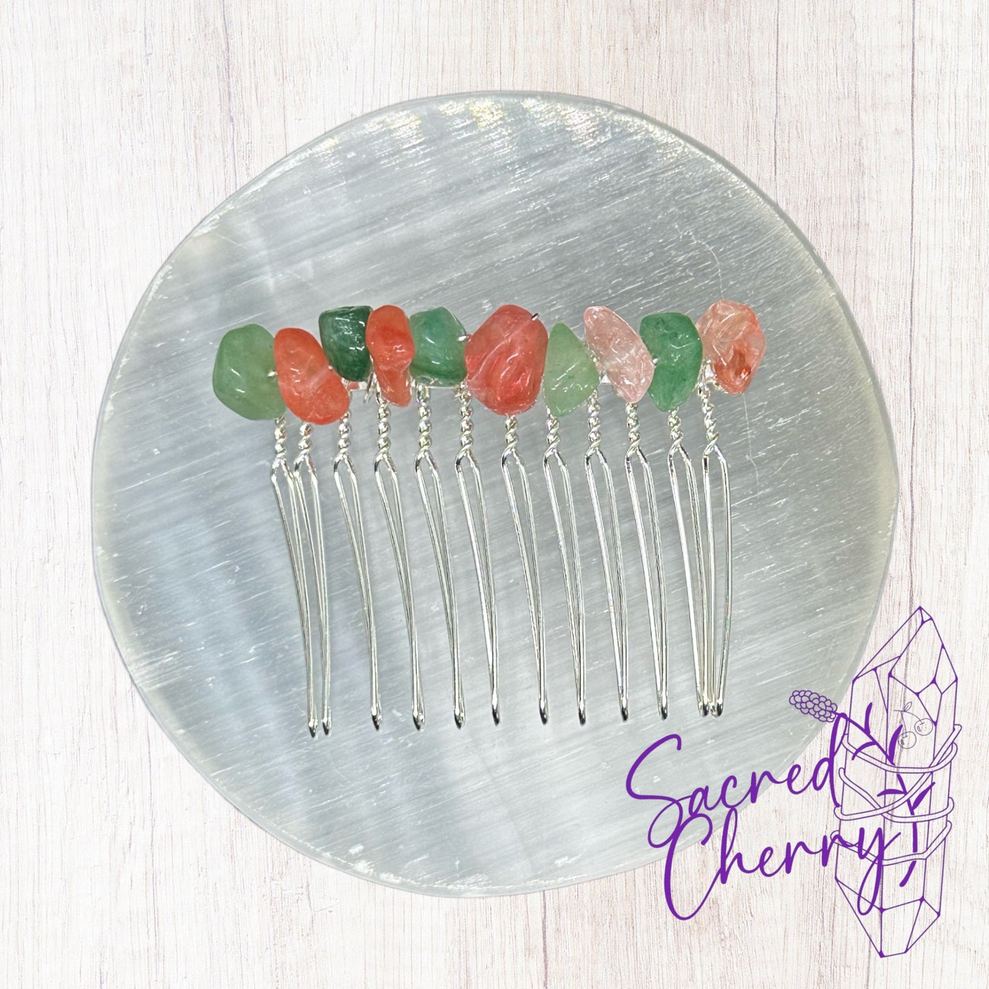 Cherry Quartz & Green Aventurine Crystal Chip Hair Comb