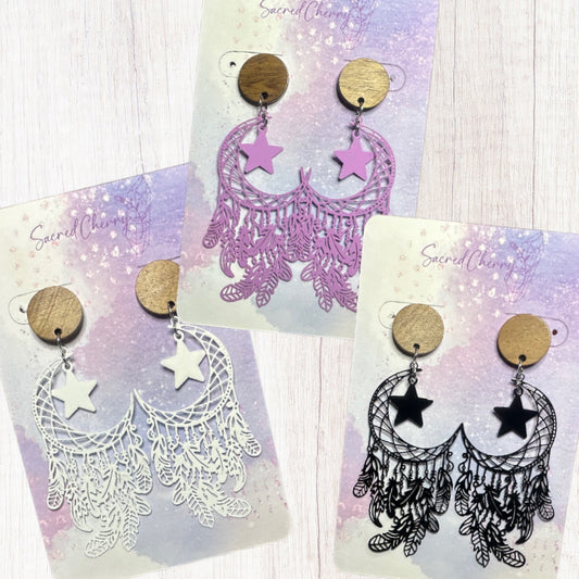 Crescent Moon Dreamcatcher With Star Earrings