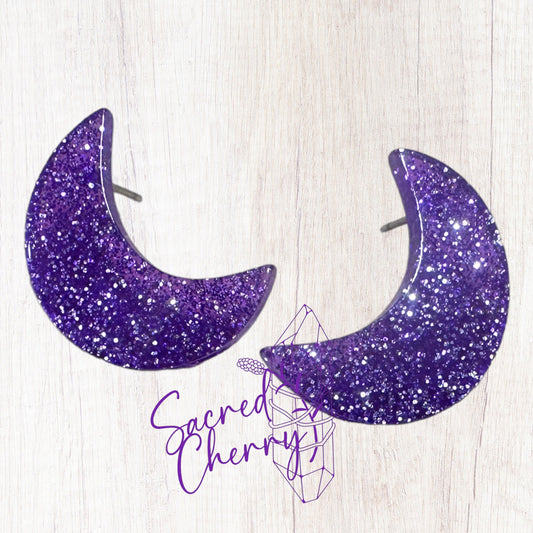 Purple Glitter Moon Stud Earrings