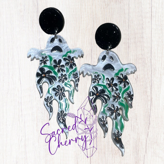 Halloween Floral Ghost Green Earrings