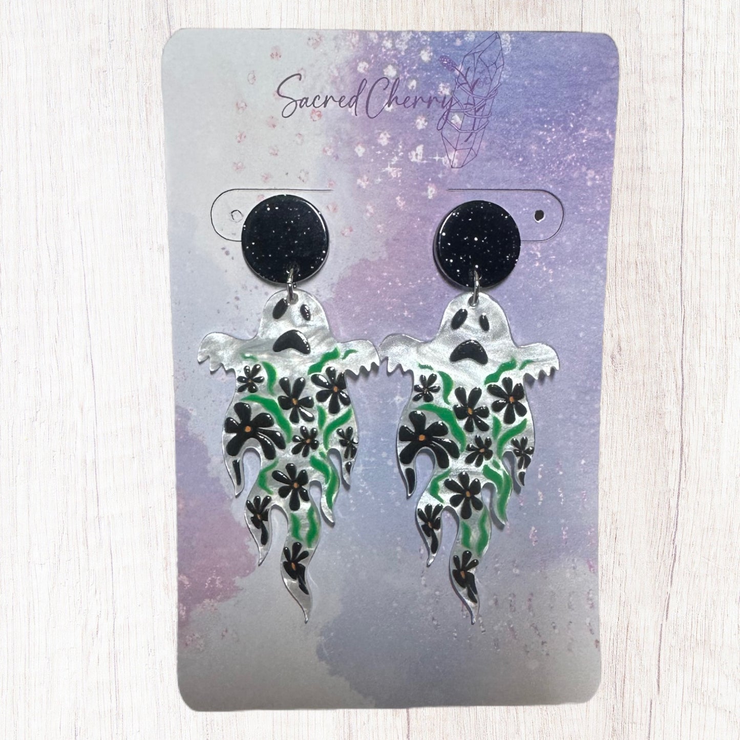 Halloween Floral Ghost Green Earrings