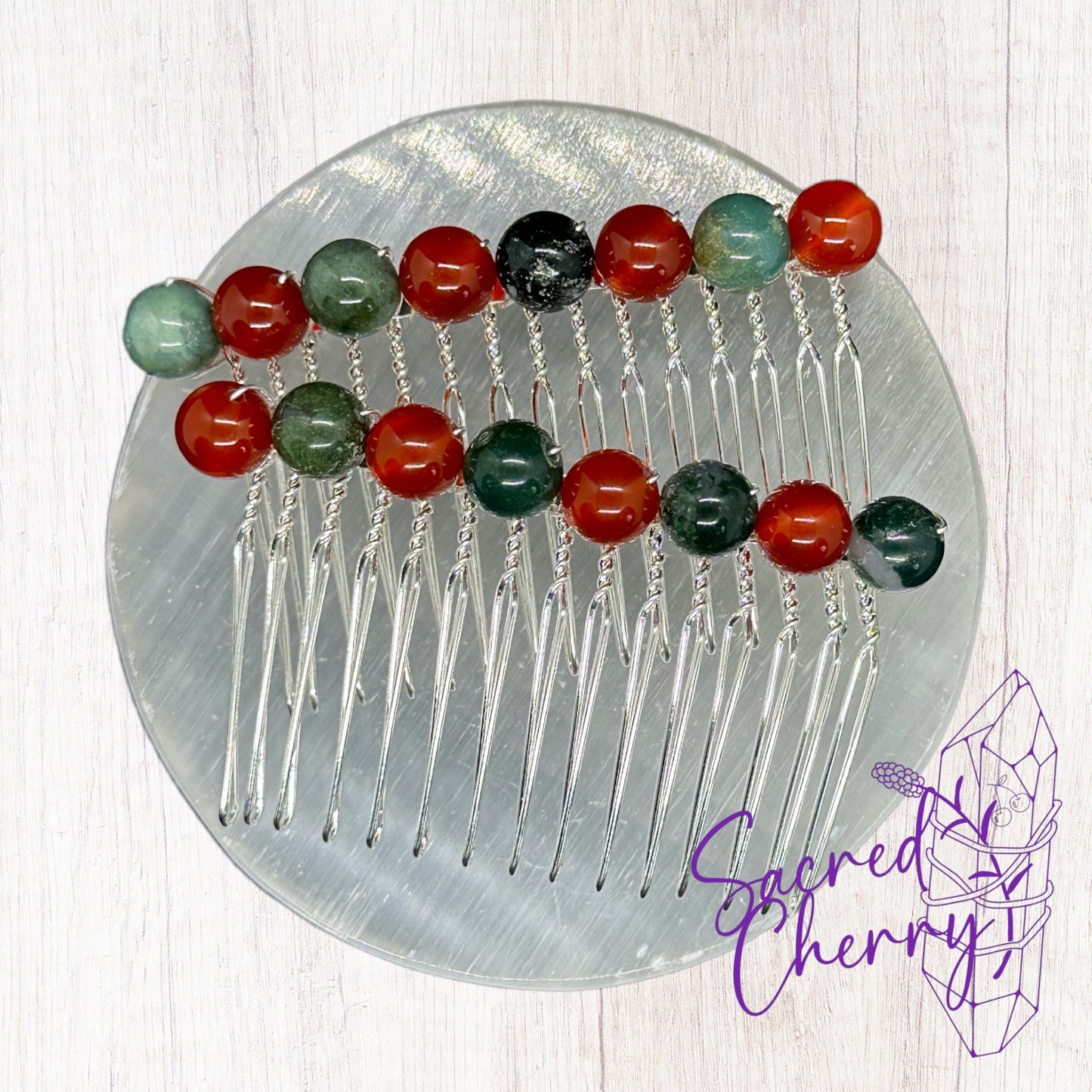 Moss Agate & Carnelian Crystal Bead Hair Comb