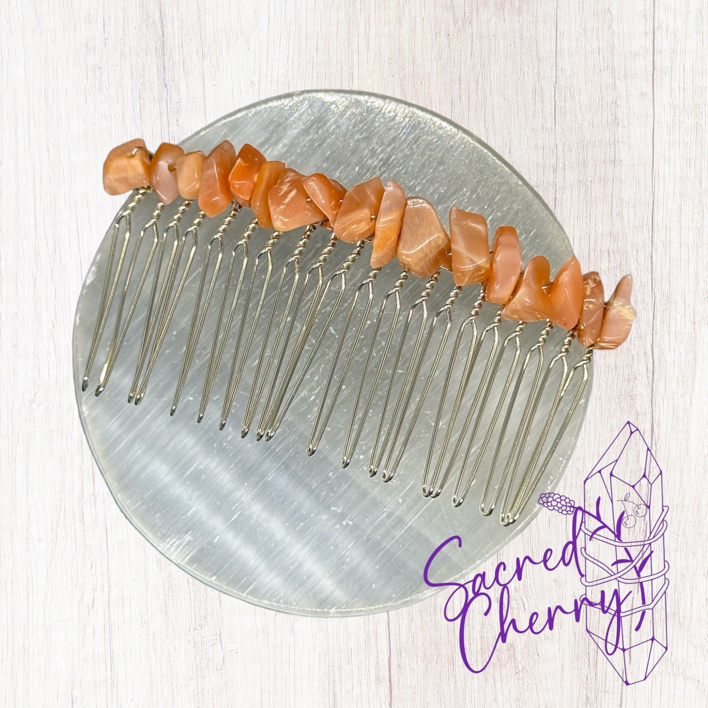 Peach Moonstone Crystal Chip Hair Comb