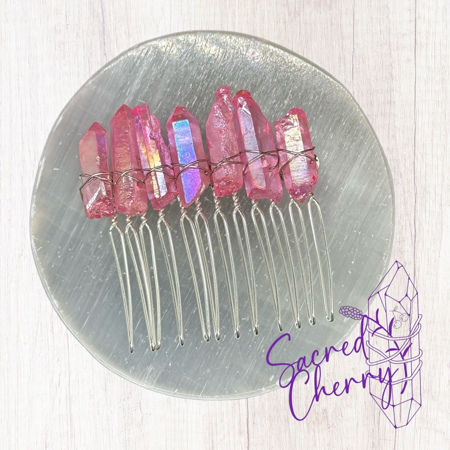 Pink Aura Quartz Crystal Hair Comb