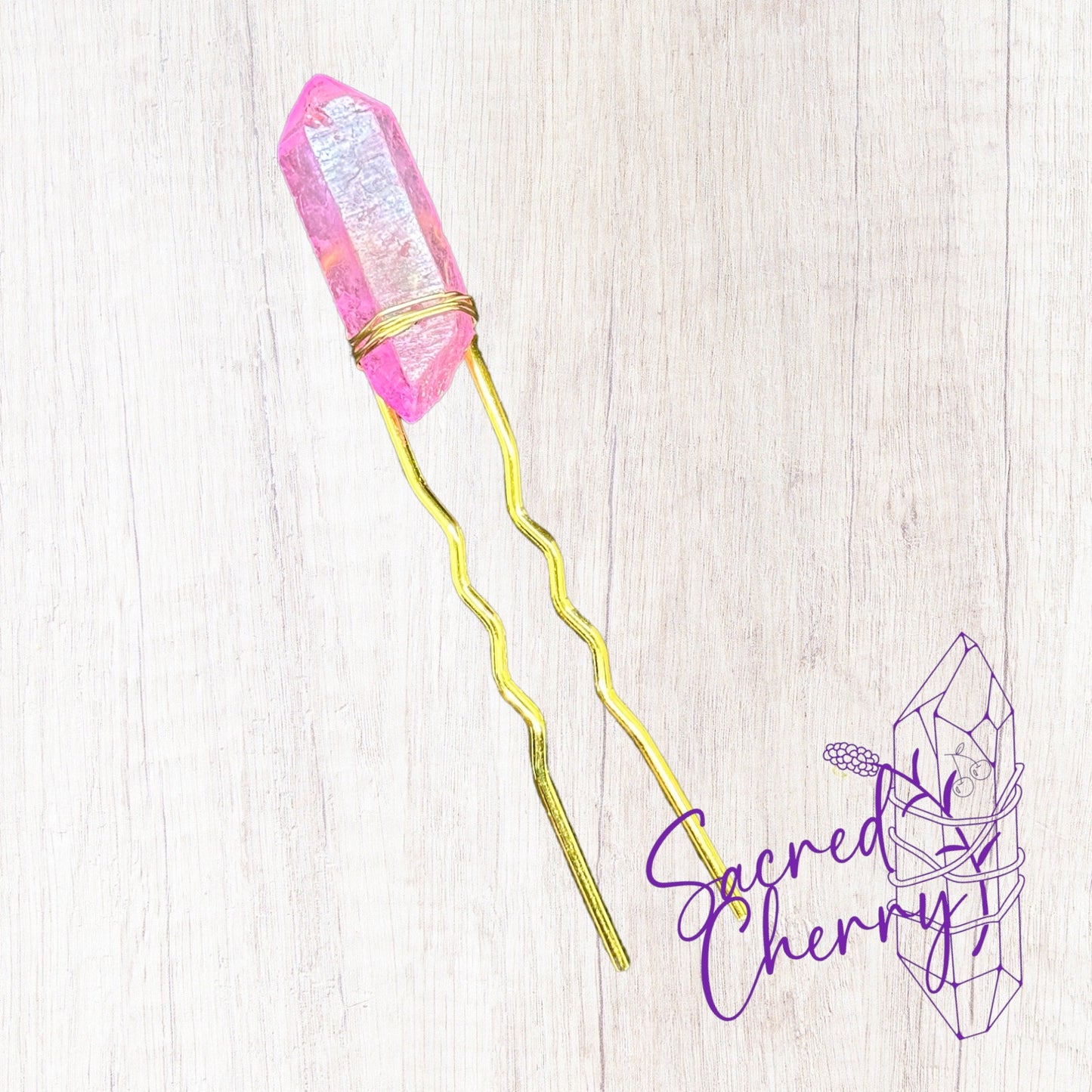 Pink Aura Quartz Crystal Hair Pin