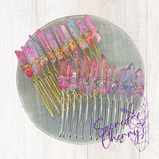 Pink/Purple Aura Quartz Crystal Hair Comb