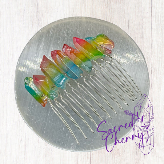 Rainbow Aura Quartz Crystal Hair Comb