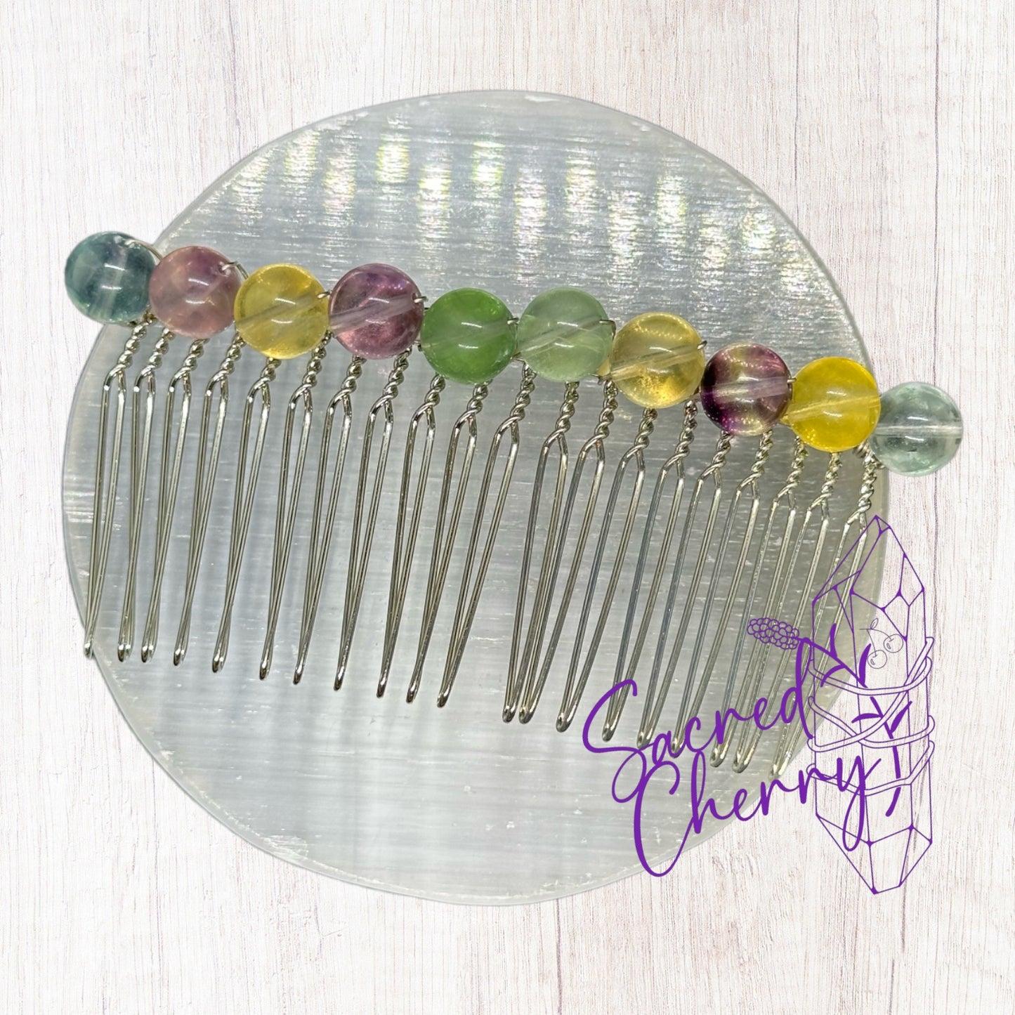 Rainbow Flourite Crystal Bead Hair Comb