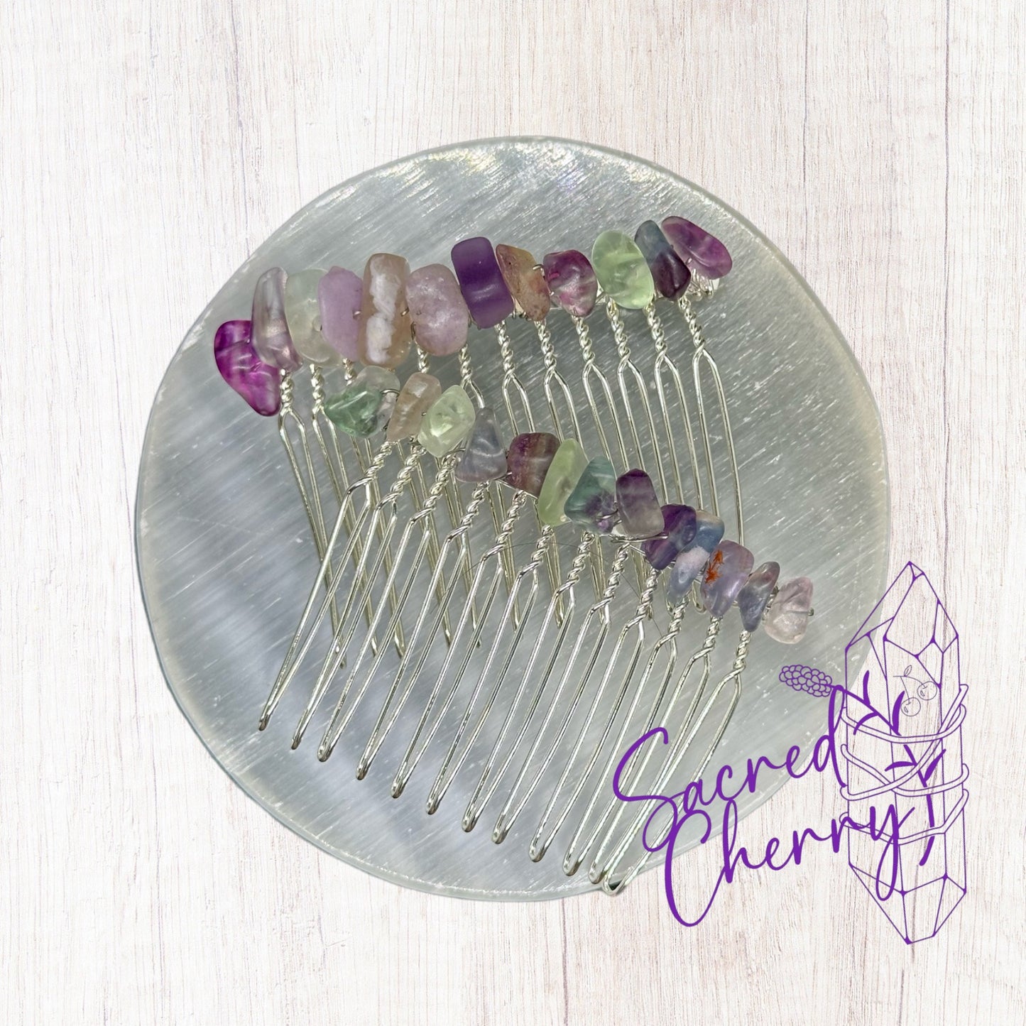 Rainbow Flourite Crystal Chip Hair Comb