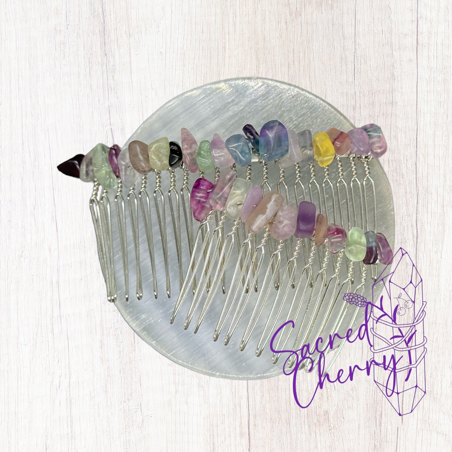 Rainbow Flourite Crystal Chip Hair Comb