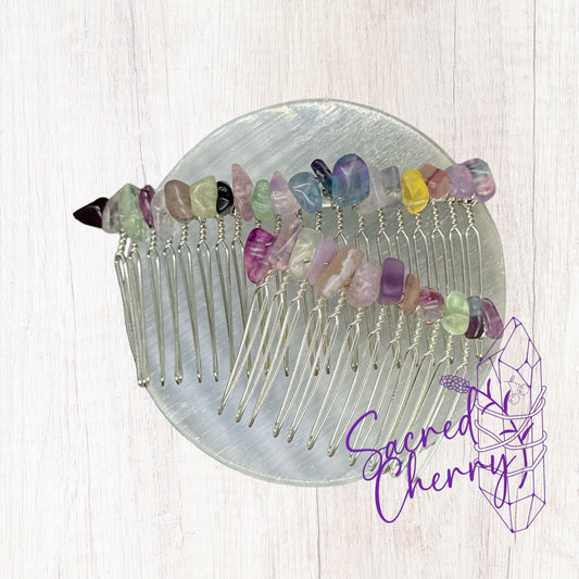 Rainbow Flourite Crystal Chip Hair Comb