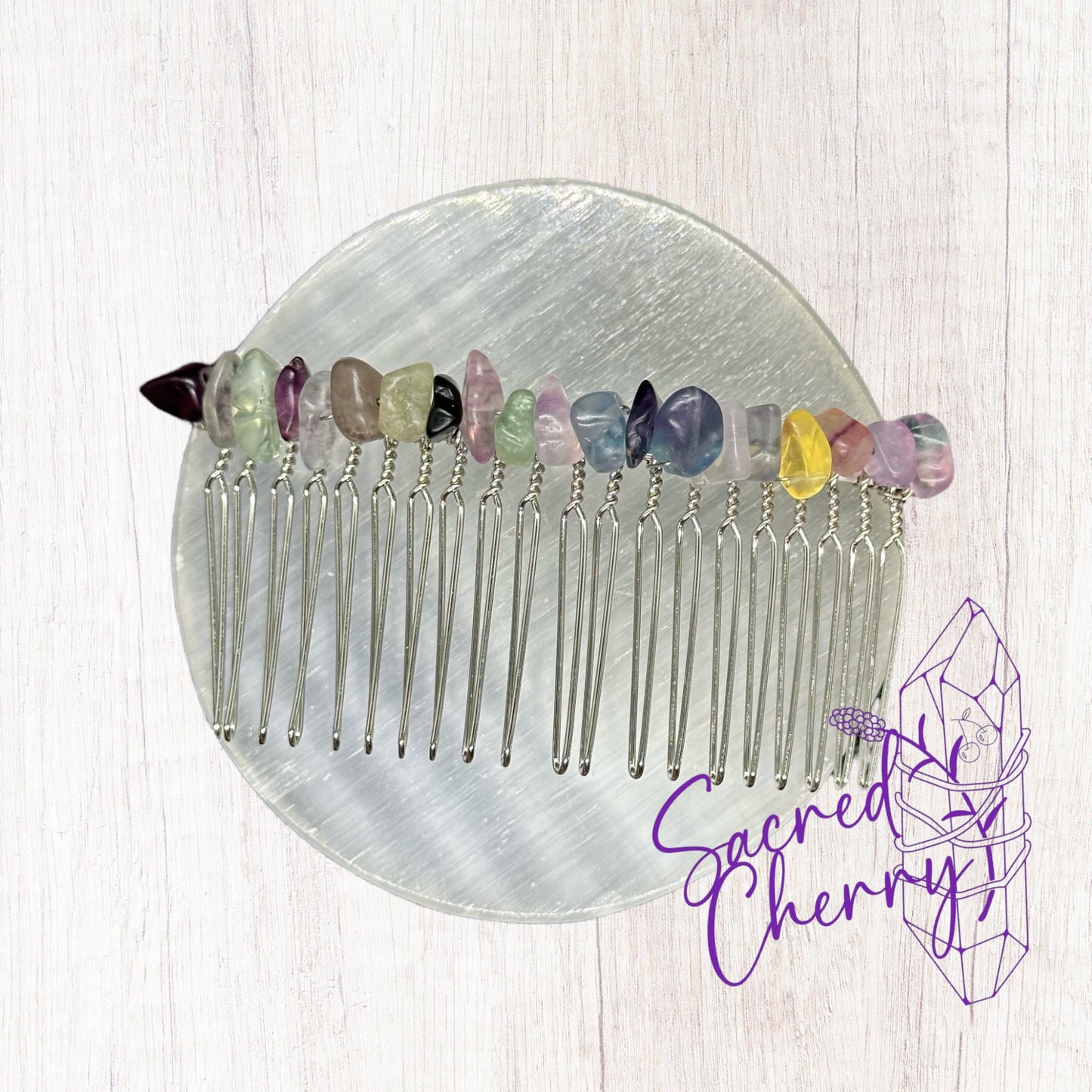 Rainbow Flourite Crystal Chip Hair Comb