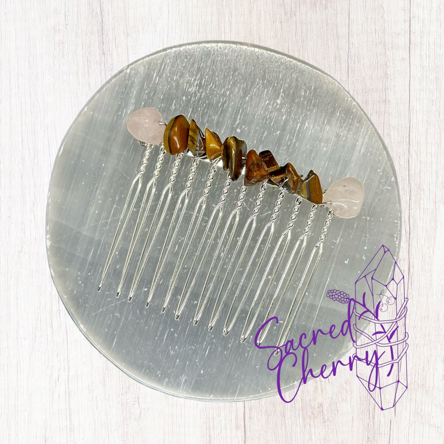 Tiger Eye & Rose Quartz Crystal Chip Hair Comb