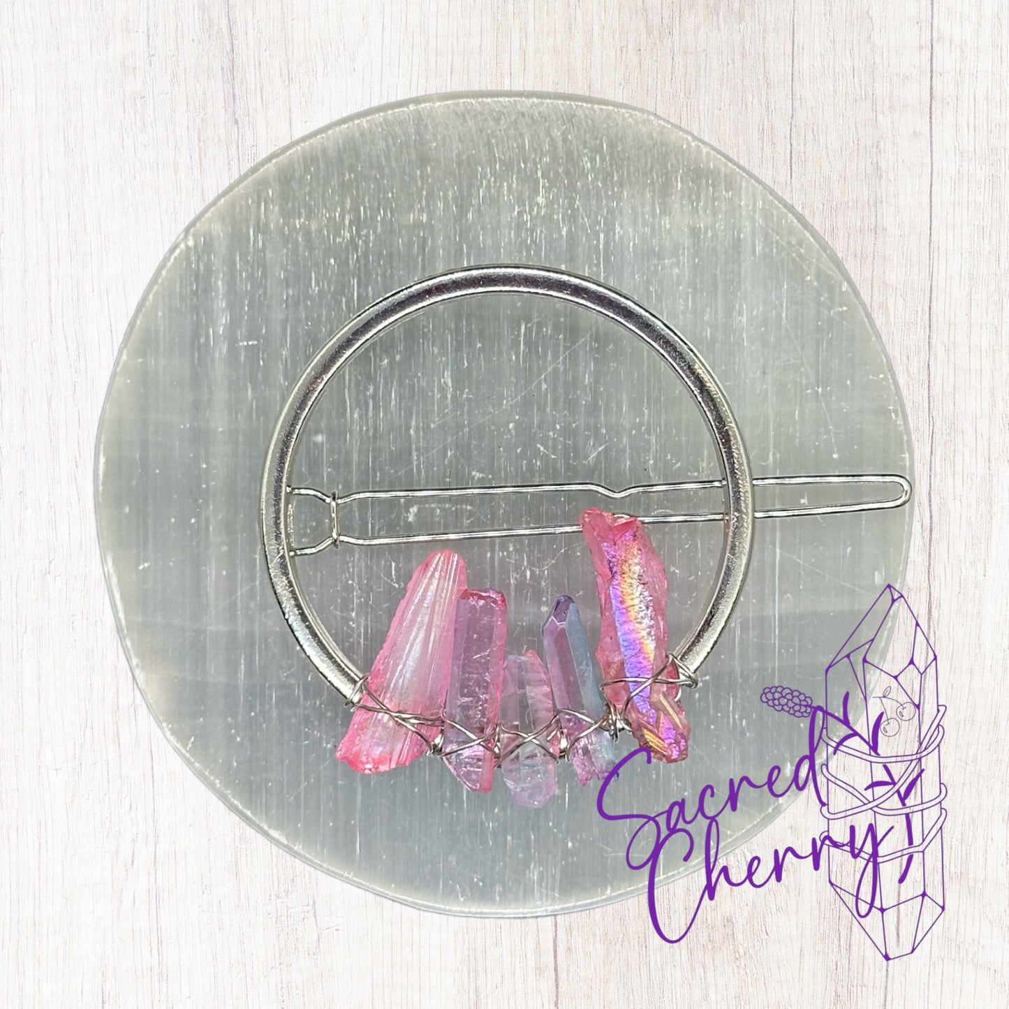 Pink & Pink/Purple Aura Quartz Crystal Circle Hair Clip