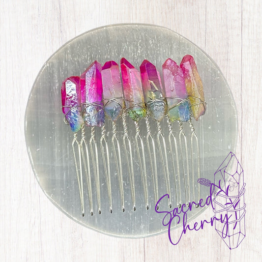 Rainbow Aura Quartz Crystal Point Hair Comb