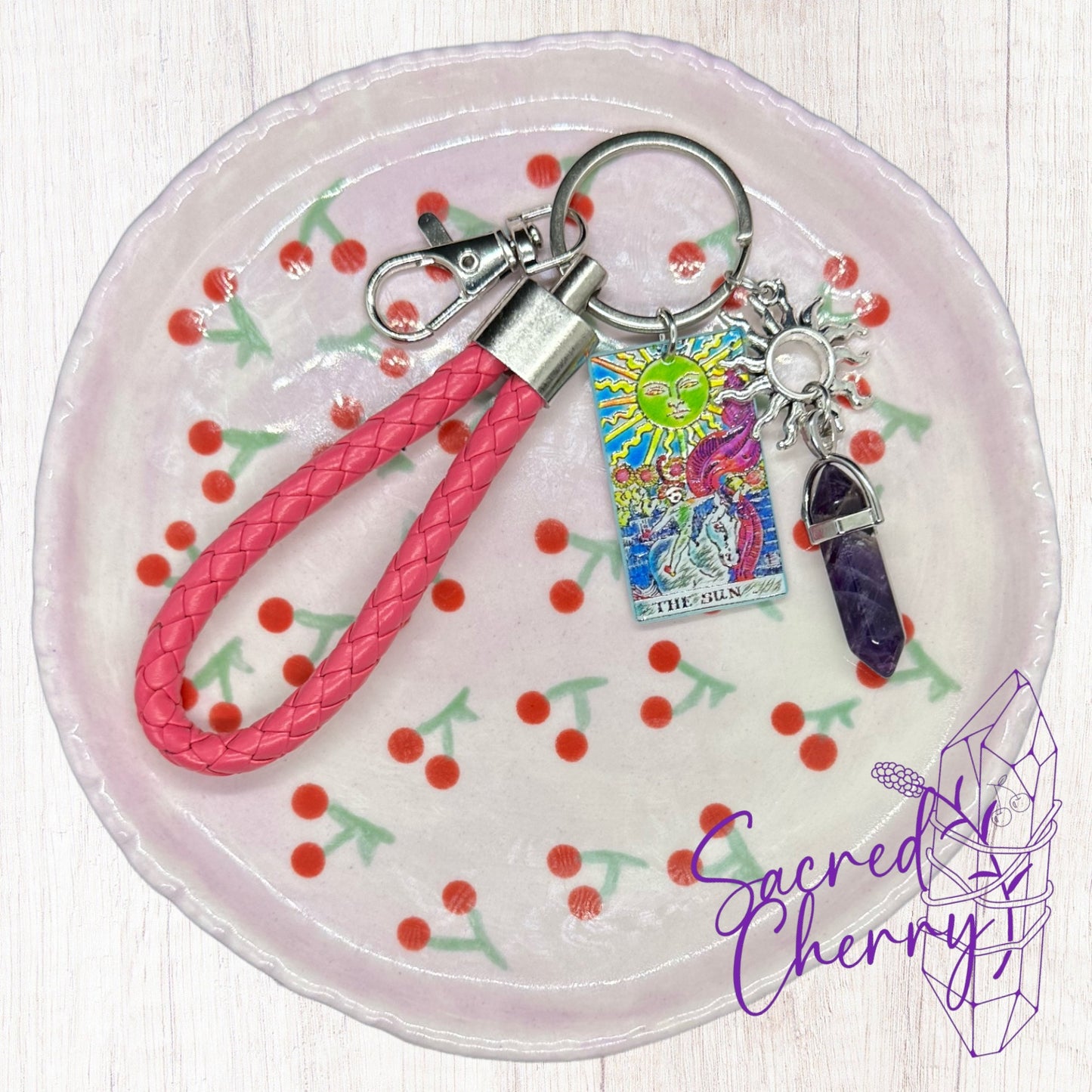 The Sun Tarot & Chevron Amethyst Point Crystal Keyring