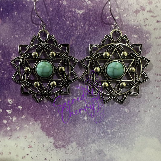 Turquoise Heart Chakra Antique Silver Earrings