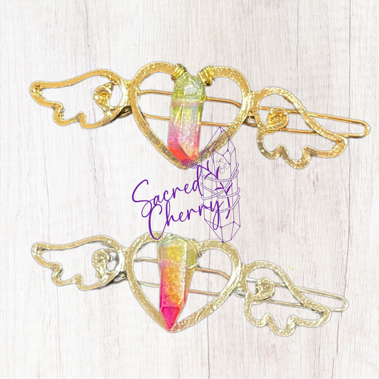 Rainbow Aura Quartz Heart Angel hair Clip